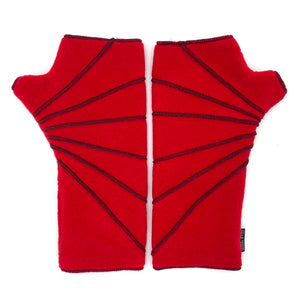 Sunray Wrist Warmers fleece in red rouge colorway front and back view – recycled Polartec wrist warmers
