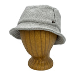 Taylor Bucket Hat in aluminum grey color front view on wooden head block – eco-friendly recycled cotton soft cap