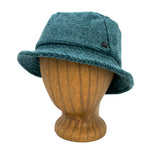 Taylor Bucket Hat in blue sapphire color front view on wooden head block – eco-friendly recycled cotton soft cap