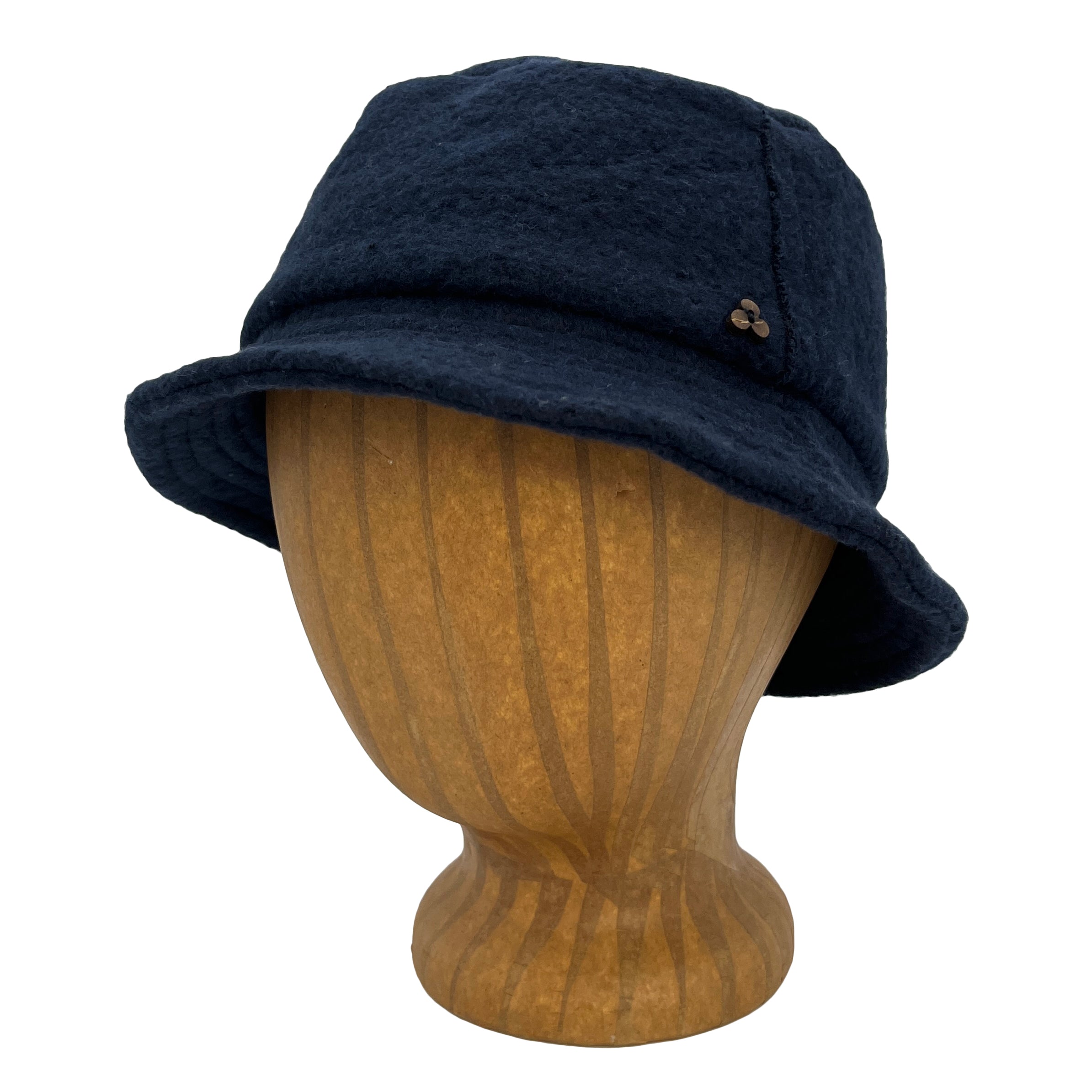 Taylor Bucket Hat in dark navy blue color front view on wooden head block – eco-friendly recycled cotton soft cap