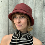 Taylor Bucket Hat in red marsala on female model front view – co-gender eco-friendly soft cap