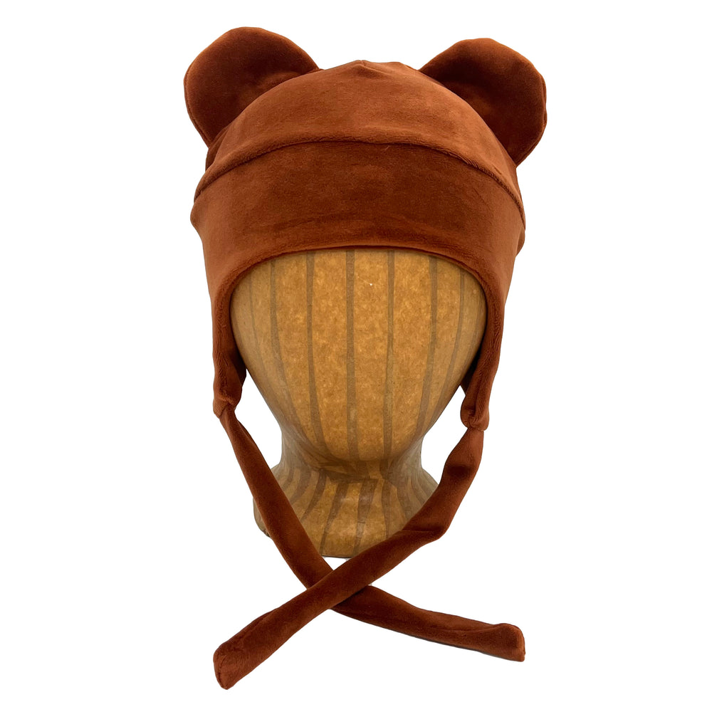 Teddy Kids Beanie – front view showing ultra-soft upcycled velvet, red-orange brown, sienna, pumpkin color.