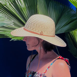 Tulum Sun Hat on female model – adventure, sun protection, natural palm straw summer hat