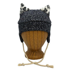 Wildkat Beanie in Blue Speck color way, front view on wooden head block – fun kids fleece hat with ears by G & L Positive Goods