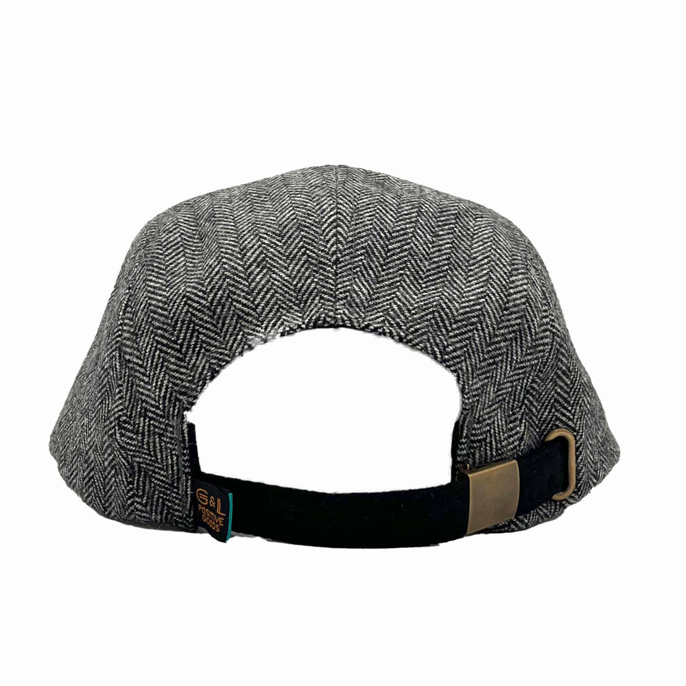 Zig Zag 5 Panel Camp Hat back view – detail view of adjustable strap, wool herringbone unisex cap