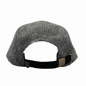 Zig Zag 5 Panel Camp Hat back view – detail view of adjustable strap, wool herringbone unisex cap