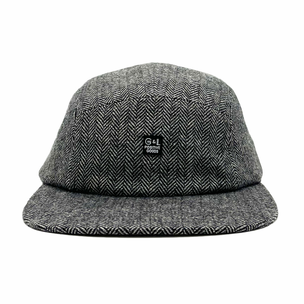 Zig Zag 5 Panel Camp Hat front view – wool herringbone unisex cap