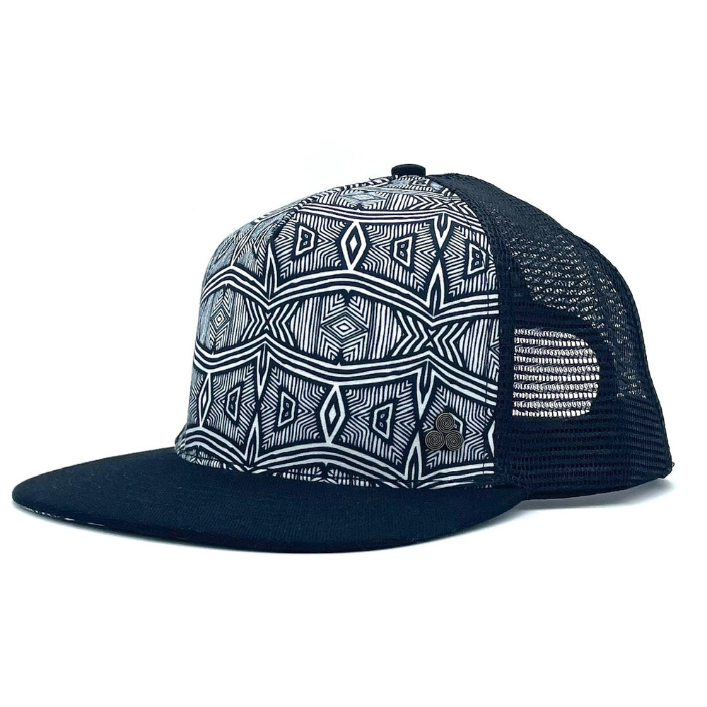 
                
                    Load image into Gallery viewer, Unisex black and white graphic print Afrikan low-profile trucker hat.  Adjustable snapback and black mesh back. *black
                
            