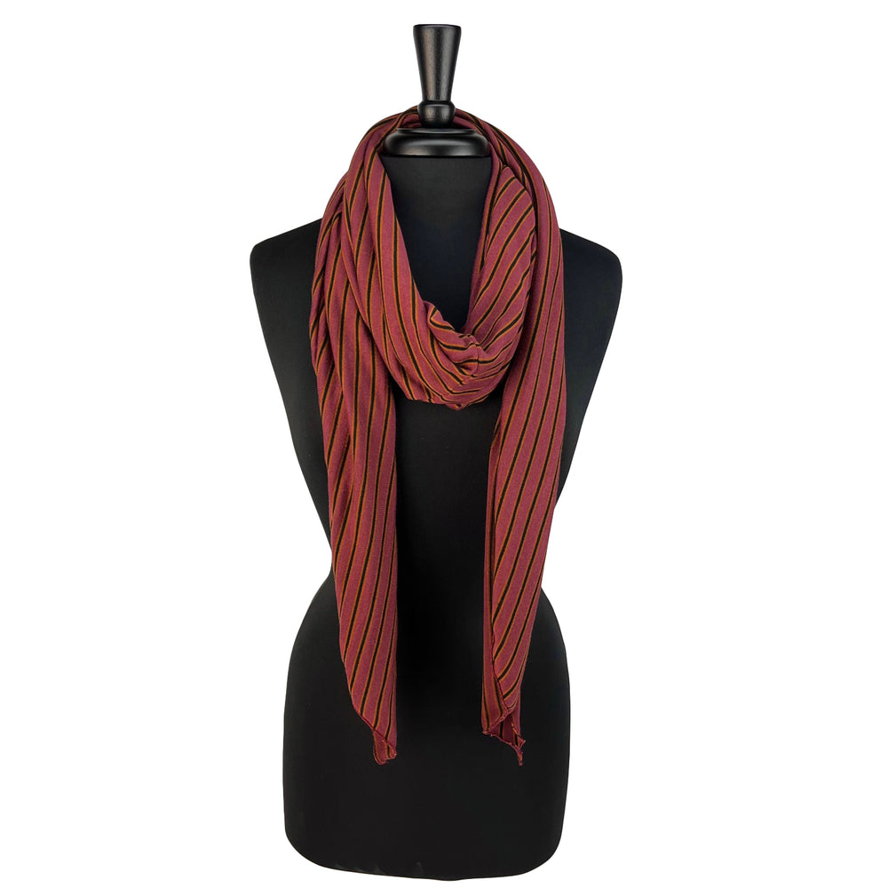Versatile eco-friendly scarf for women. Made in the USA from upcycled cotton jersey. Shop sustainable scarves. *goji-berry