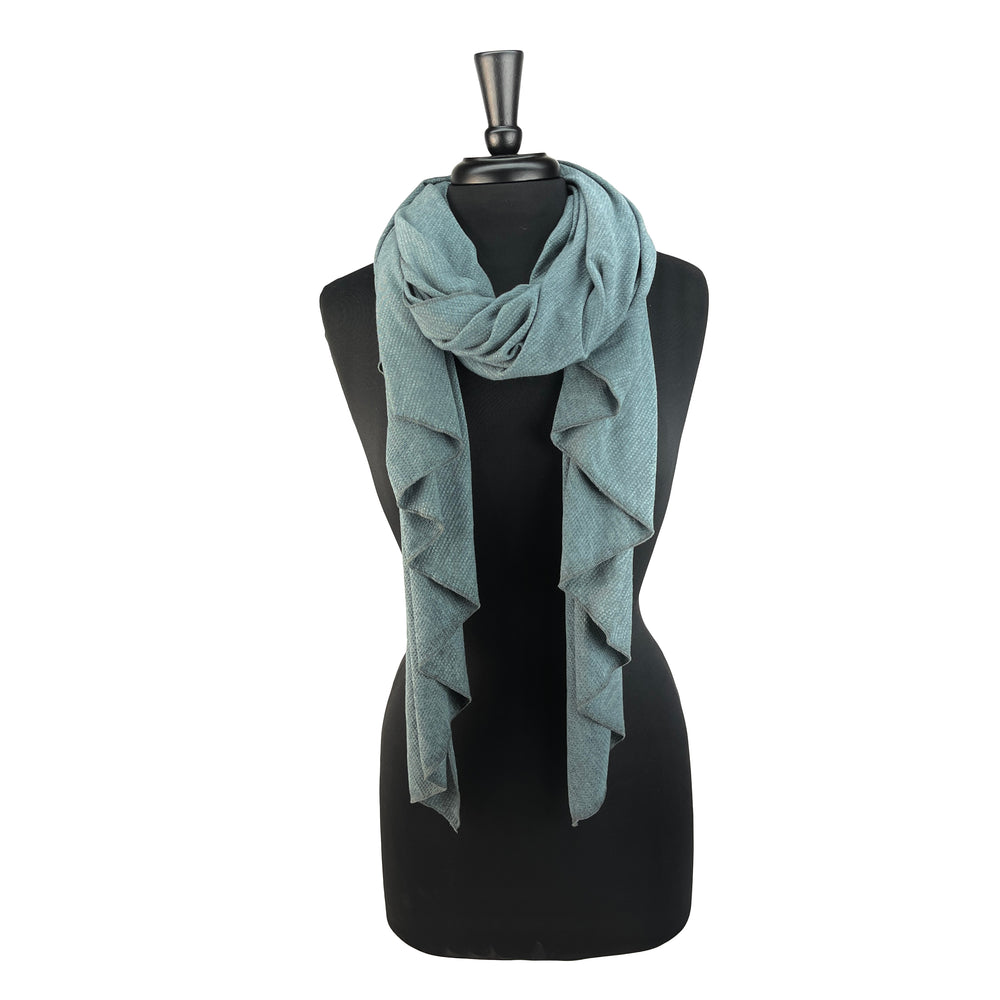 Versatile eco-friendly scarf for women. Made in the USA from upcycled cotton jersey. Shop sustainable scarves. *emerald