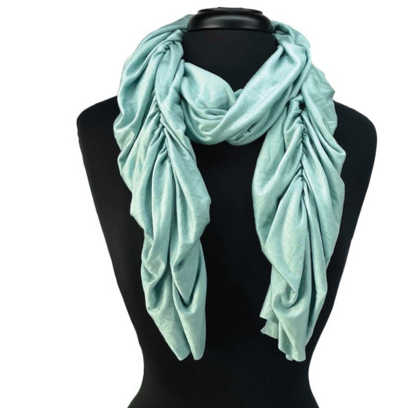 Rouched, soft and silky scarves for women. Made in the USA out of upcycled cotton jersey fabric. Shop sustainable. *capri