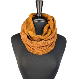 Knitted infinity loop scarf. Wear as hood for added warmth. Made with Polyana from recycled cotton and acrylic yarn. *mars