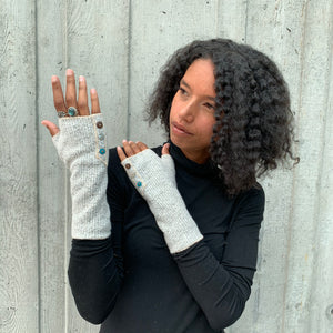 Fingerless gloves in a rainbow of colors. Wrist warmers made in USA from upcycled fabrics. Shop stylish hand warmers. *linen