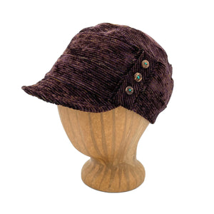 Soft short brim  cap. Feminine fit. Pin tucks and buttons. Made in USA from upcycled fabrics and recycled materials. *shimmer