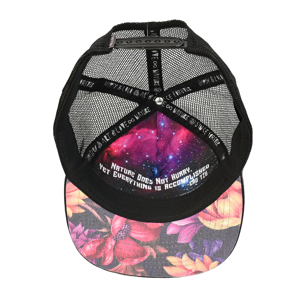 Unisex low-profile floral trucker hat. Adjustable snap with mesh back. Inspirational quote inside. *botanical
