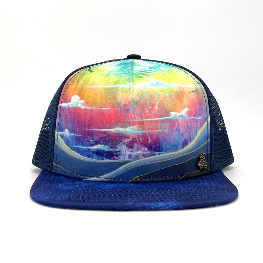 Five-panel low-profile graphic print Horizon Rainbow Trucker Hat. Adjustable snap with mesh back. 