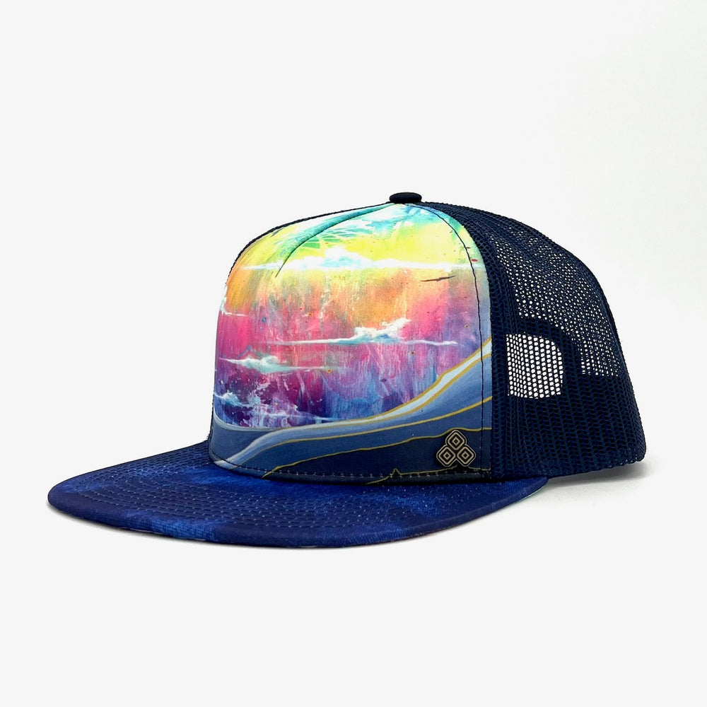Five-panel low-profile graphic print Horizon Rainbow Trucker Hat. Adjustable snap with mesh back. 