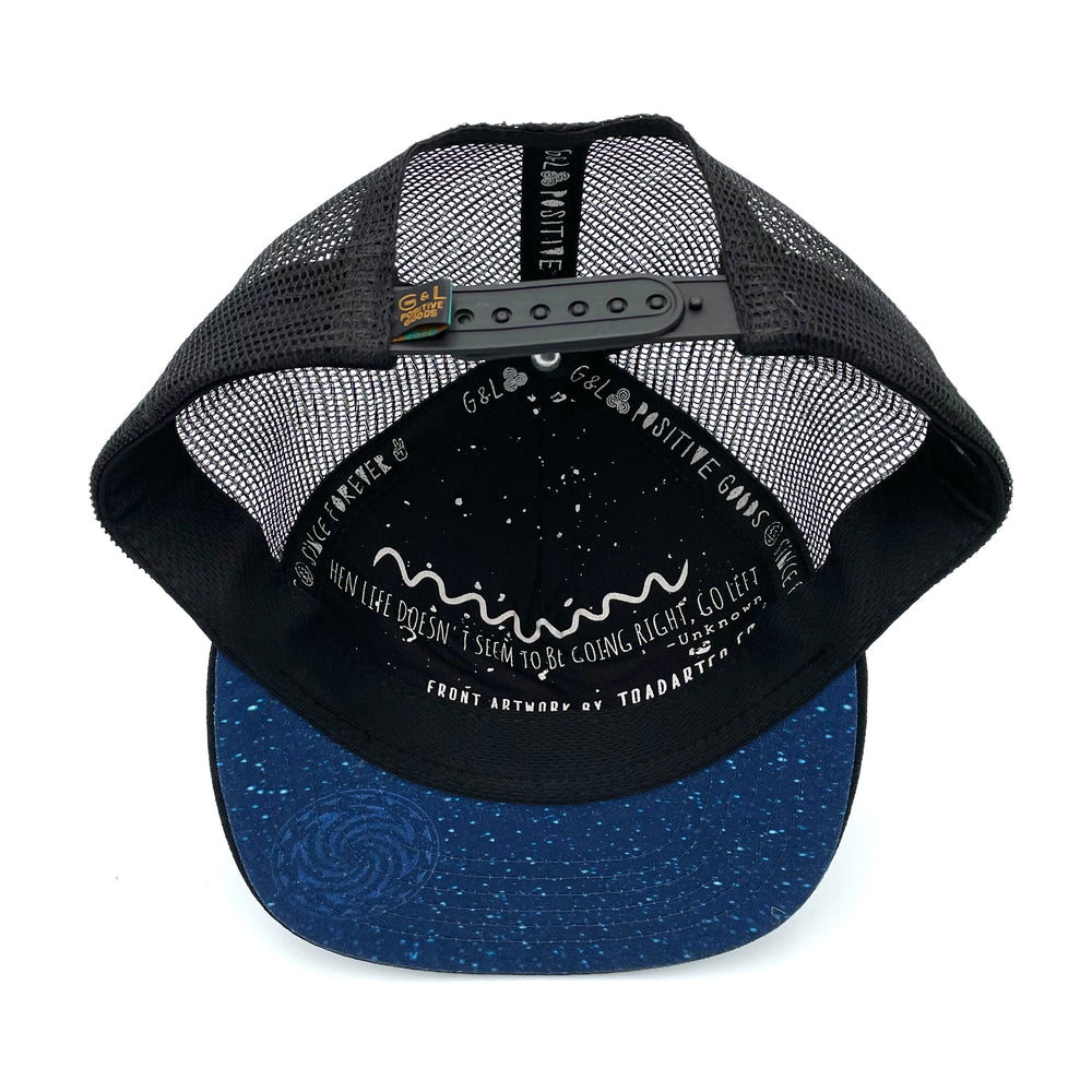 Five-panel low-profile Horizon Spiral Trucker Hat.  Mesh back adjust snap. Inspirational quote inside. One size fits most. 