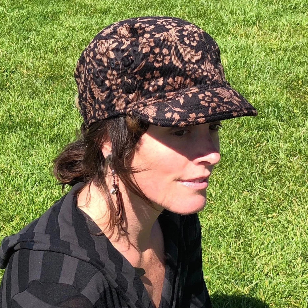 
                
                    Load image into Gallery viewer, Women&amp;#39;s sustainable flat brim cotton cap. Thin checkerboard pattern print. *floral Corduroy
                
            