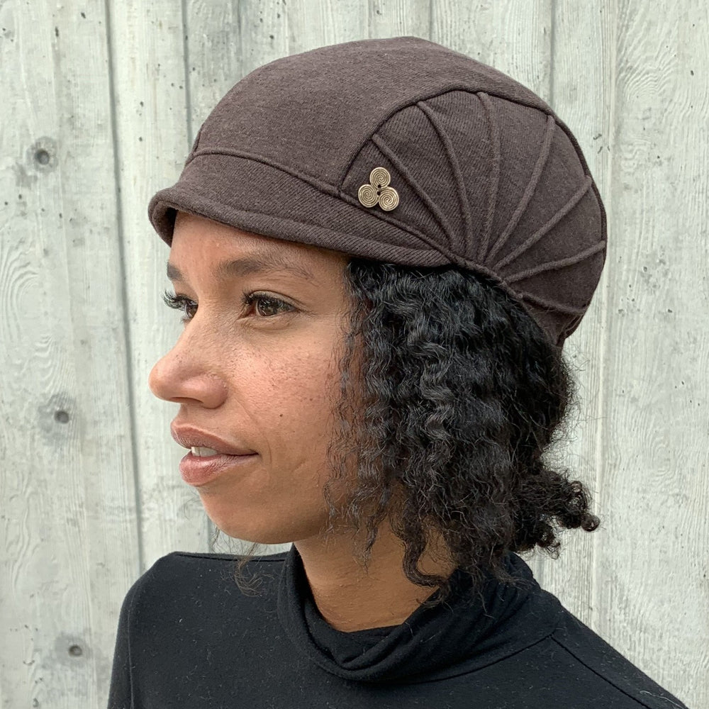 
                
                    Load image into Gallery viewer, Stylish short brim cap for women with pin tuck details and coconut shell button. Made in the USA from upcycled fabric. *cocoa
                
            