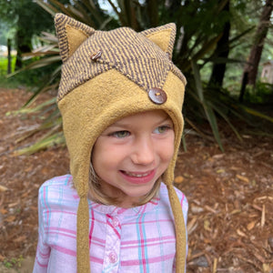 Kids Fox hat. Chin straps keep soft cap secured. One size fits all. Made in the USA. Shop sustainable baby gifts. *cocoa stripe
