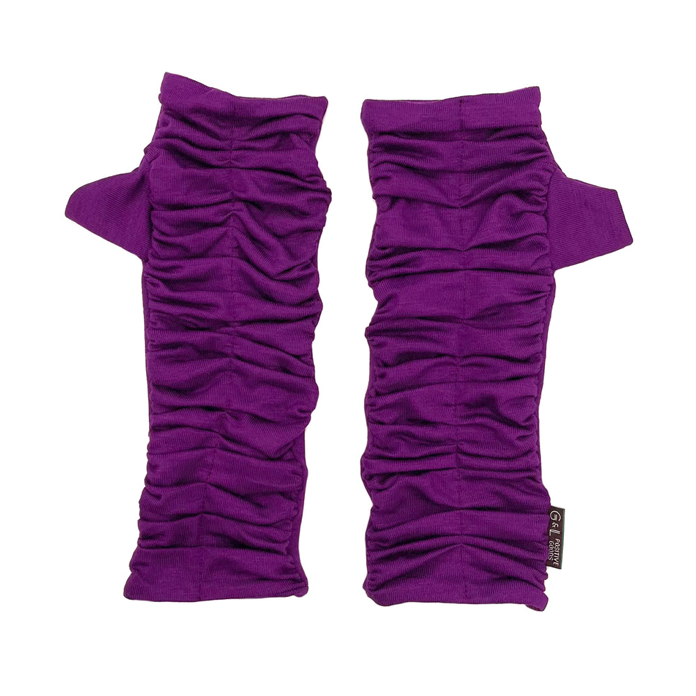 Fully-lined rouched hand warmers. Rainbow of colors available. Easy to text fingerless gloves. Made in the USA.  *eggplant