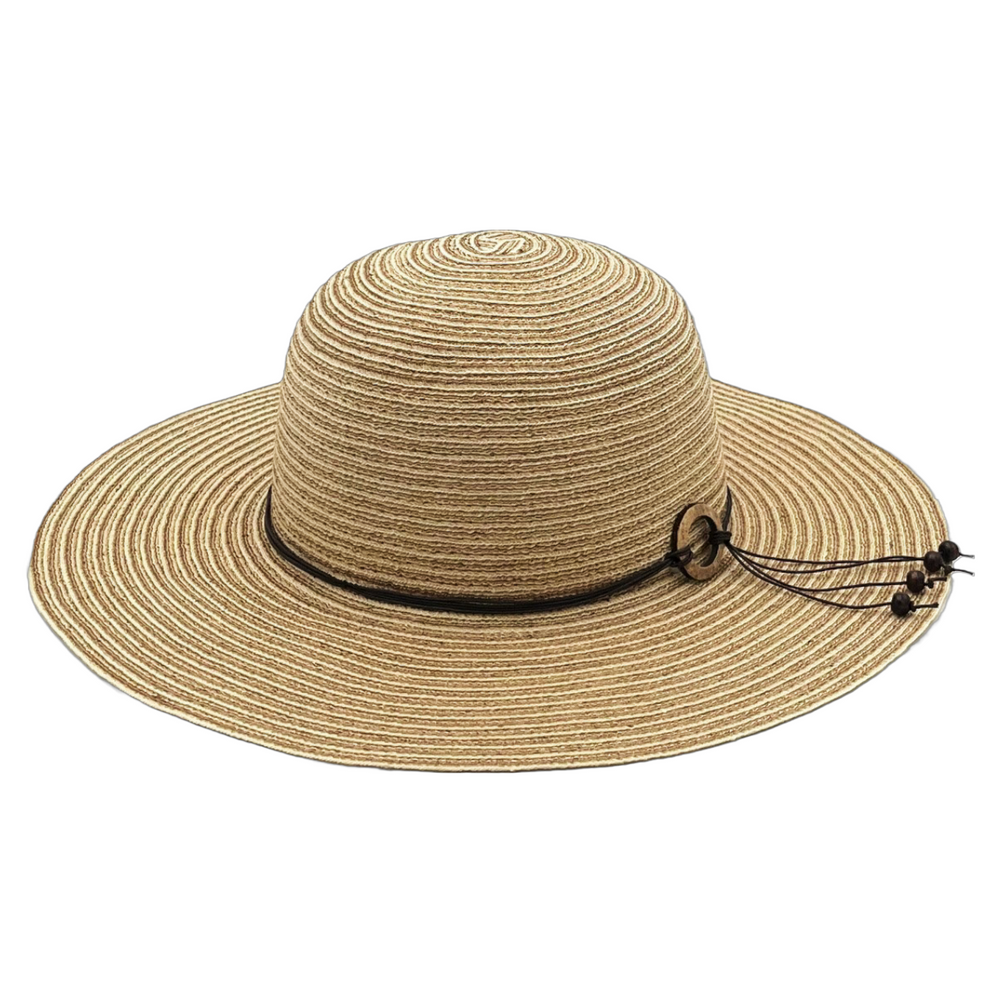 Beautiful women's sun hat made from grass straw. Lightweight open weave design with wood beads. Provides sun protection. *dune