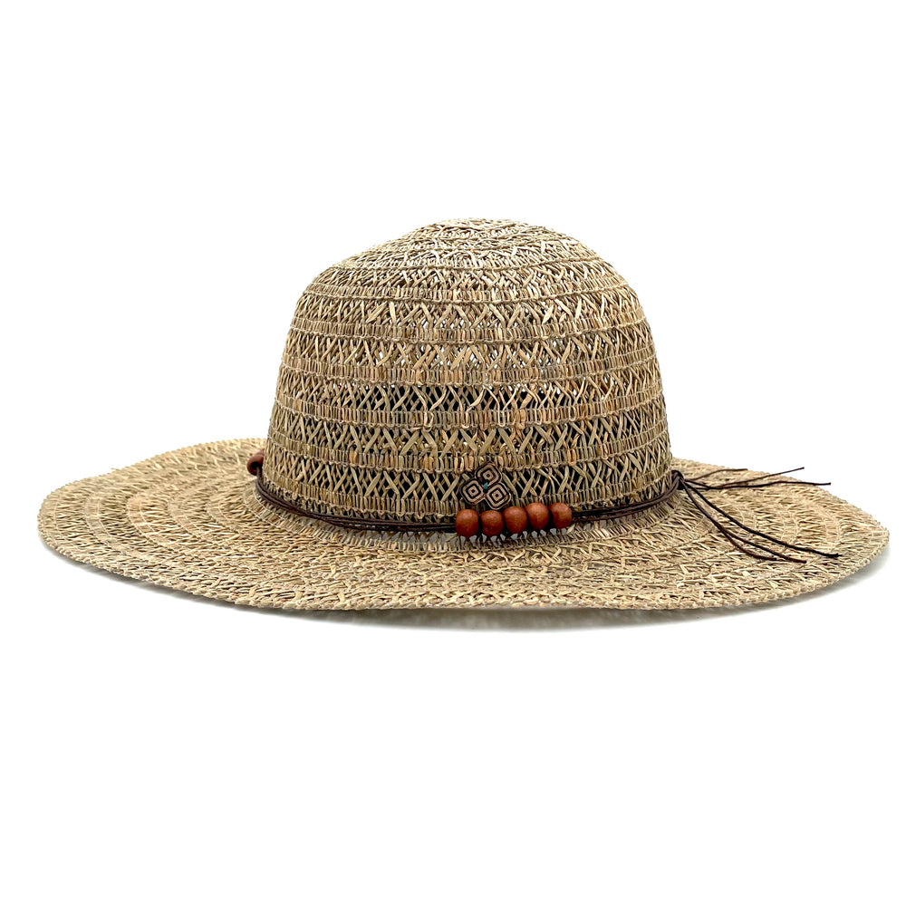 Beautiful women's sun hat made from grass straw. Lightweight open weave design with wood beads. Provides sun protection.