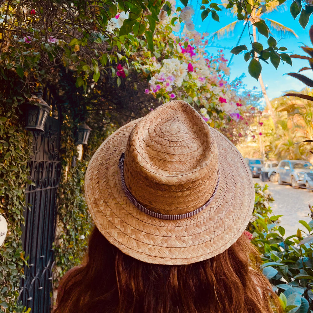 Tear Drop shape Fedora handmade from Palm straw. Made in Mexico with fair trade. Shop sustainable hat sun protection. 