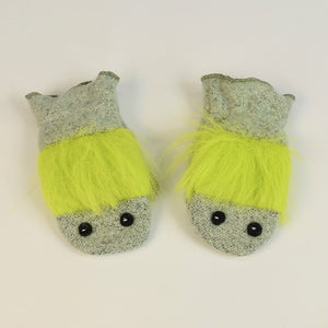 Monster mittens for kids. Warm fleece winter gloves for children. Made in the USA with upcycled fabrics and faux fur trim. Chartreuse with green fur.