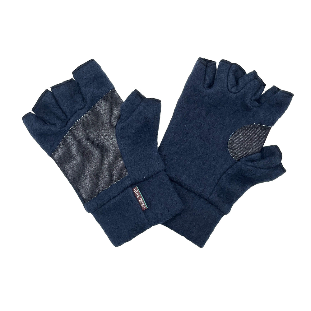 Unisex fingerless gloves made in the USA from plush, brushed cotton. Reinforced durable palms. Shop sustainable *dark-navy