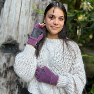 Warm fleece fingerless gloves for men and women. Reinforced upcycled denim on palms adds durability for the outdoors. Made in the USA from upcycled fabrics and recycled water bottles. One size fits most - fabric is stretchy. Shop sustainable gifts and gloves at G and L Positive Goods. Designed by Gypsy and Lolo in Northern California. Color plum wine.