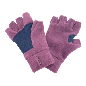 Warm fleece fingerless gloves for men and women. Reinforced upcycled denim on palms adds durability for the outdoors. Made in the USA from upcycled fabrics and recycled water bottles. One size fits most - fabric is stretchy. Shop sustainable gifts and gloves at G and L Positive Goods. Designed by Gypsy and Lolo in Northern California. Color plum wine.