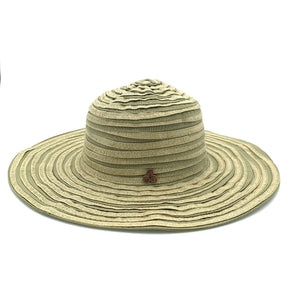 Lightweight sun hat handcrafted from two-tone sage ribbon and Toyo straw. Provides sun protection. One size fits most. 