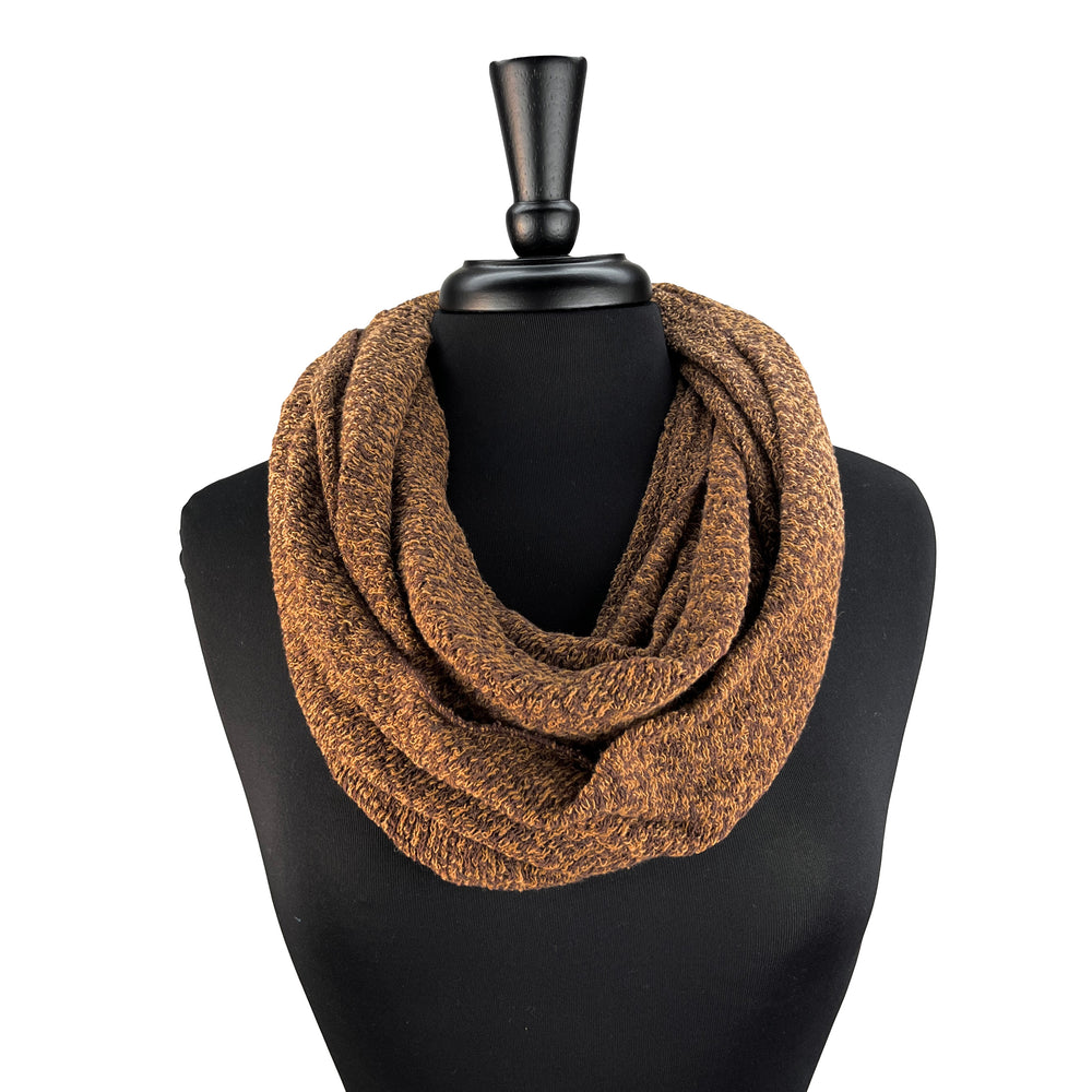 Eco-friendly infinity loop scarf. Made in the USA from cotton blend sweater knit fabrics. Shop sustainable *caramel