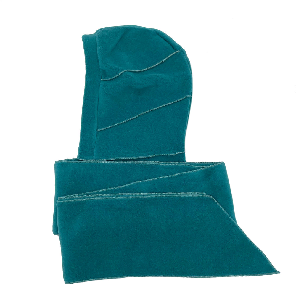 Sustainable scarf for women with built in hood. Made in the USA from upcycled Polartec fleece fabric. *aquamarine