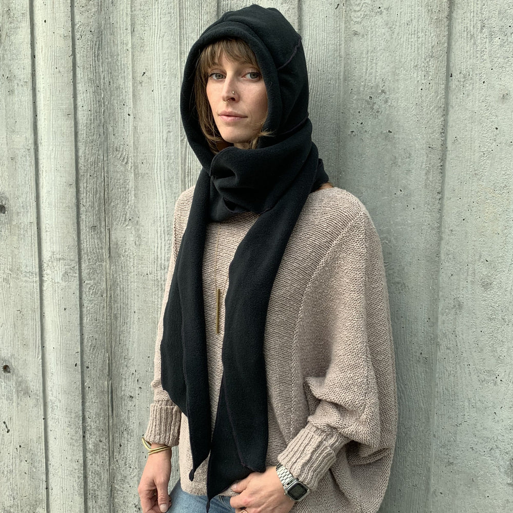 Sustainable scarf for women with built in hood. Made in the USA from upcycled Polartec fleece fabric. *limousine