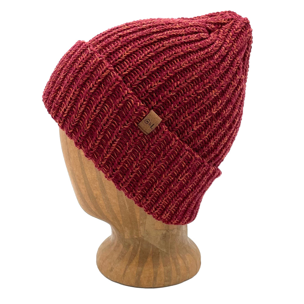 Soft double layered beanie. Worn with a cuff or without for slouchy look. Made in Canada with recycled cotton. *sangria