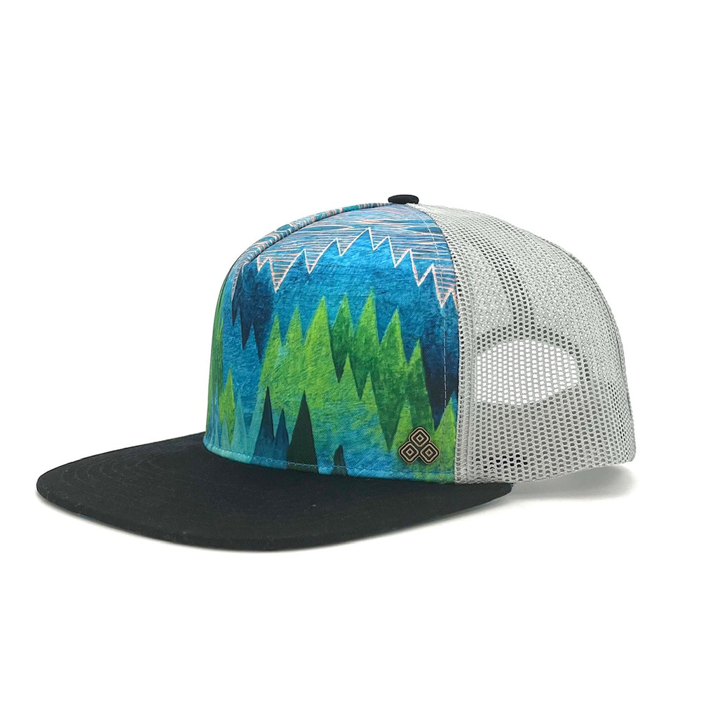 Five-panel low-profile Treetop Trucker Hat. Adjustable mesh back. Faux suede visor. Inspirational quote inside.