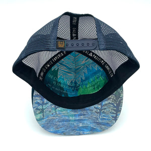 Five-panel low-profile Tree Trucker Hat. Adjustable mesh back. Faux suede visor. Inspirational quote inside. *navy
