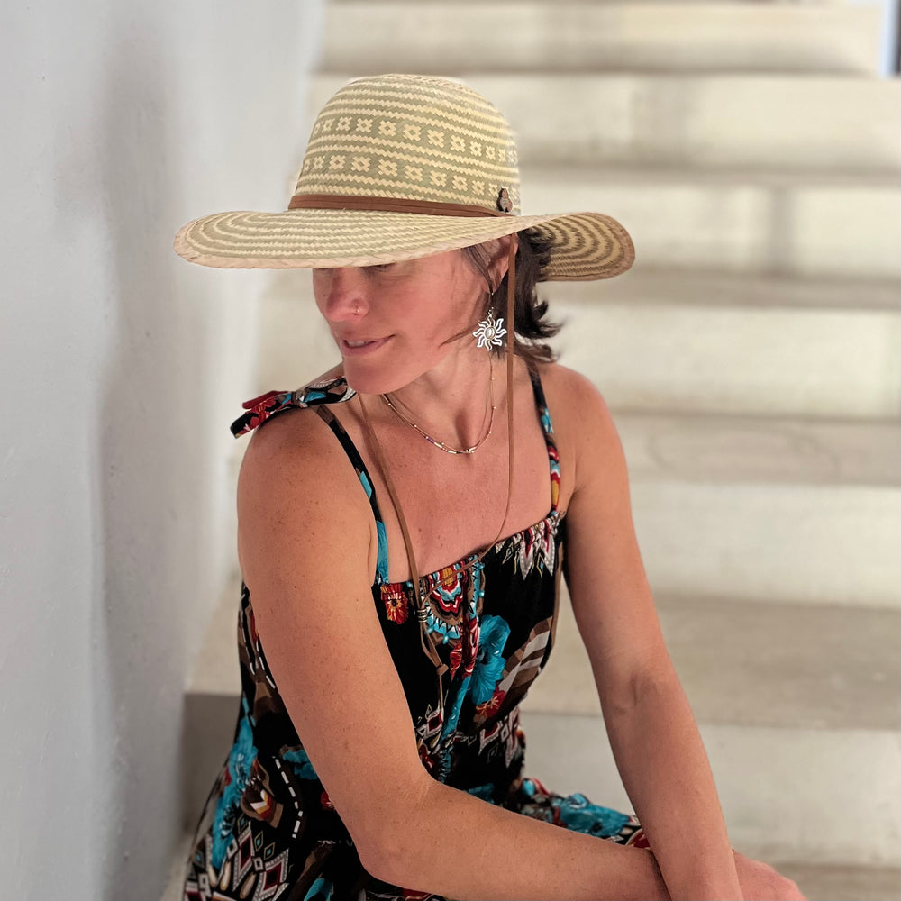 Tulum Women's Mexican palm straw sun hat. 2 tone stripes UV protection, adjustable sweatband.