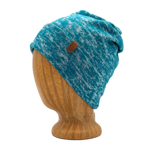 Eco-friendly beanie made in the USA from cotton blend fabrics. Worn with a cuff or without for slouch look. *blue-burnout