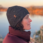 Eco-friendly beanie made in the USA from cotton blend fabrics. Worn with a cuff or without for slouch look. *charcoal