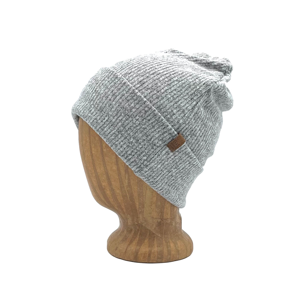 Eco-friendly beanie made in the USA from cotton blend fabrics. Worn with a cuff or without for slouch look.  *grey-rib