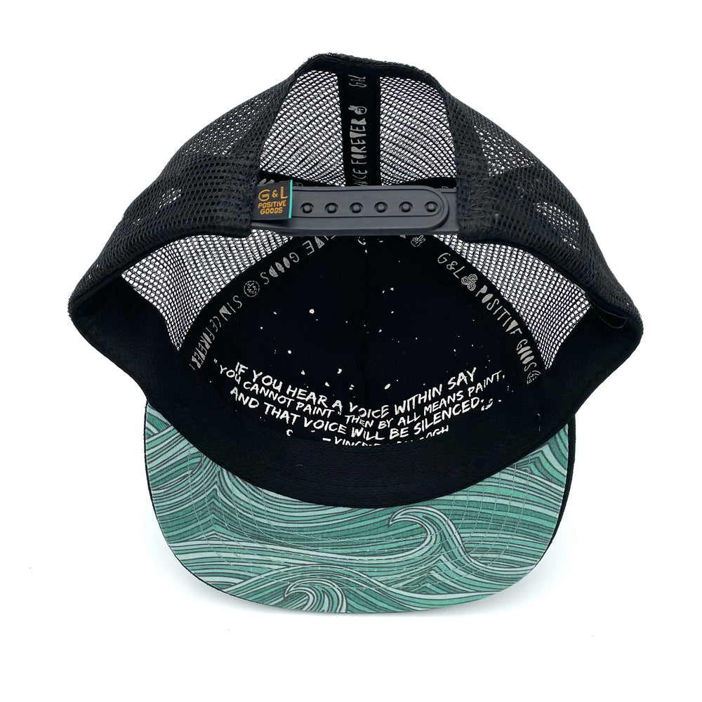 Five-panel low-profile graphic print Waves Trucker Hat. Adjustable snap with mesh back. Inspirational quote inside. *teal