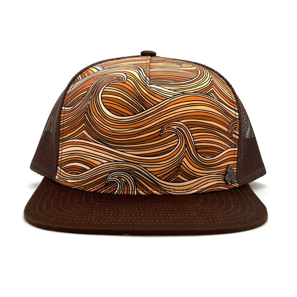 Five-panel low-profile graphic print Waves Trucker Hat. Adjustable snap with mesh back. Inspirational quote inside. *coffee
