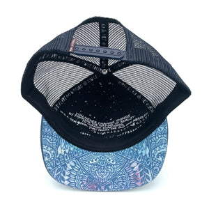 Five-panel low-profile zen doodle unisex trucking hat for men and women. Hand loomed Indian cotton fabric and faux suede. 