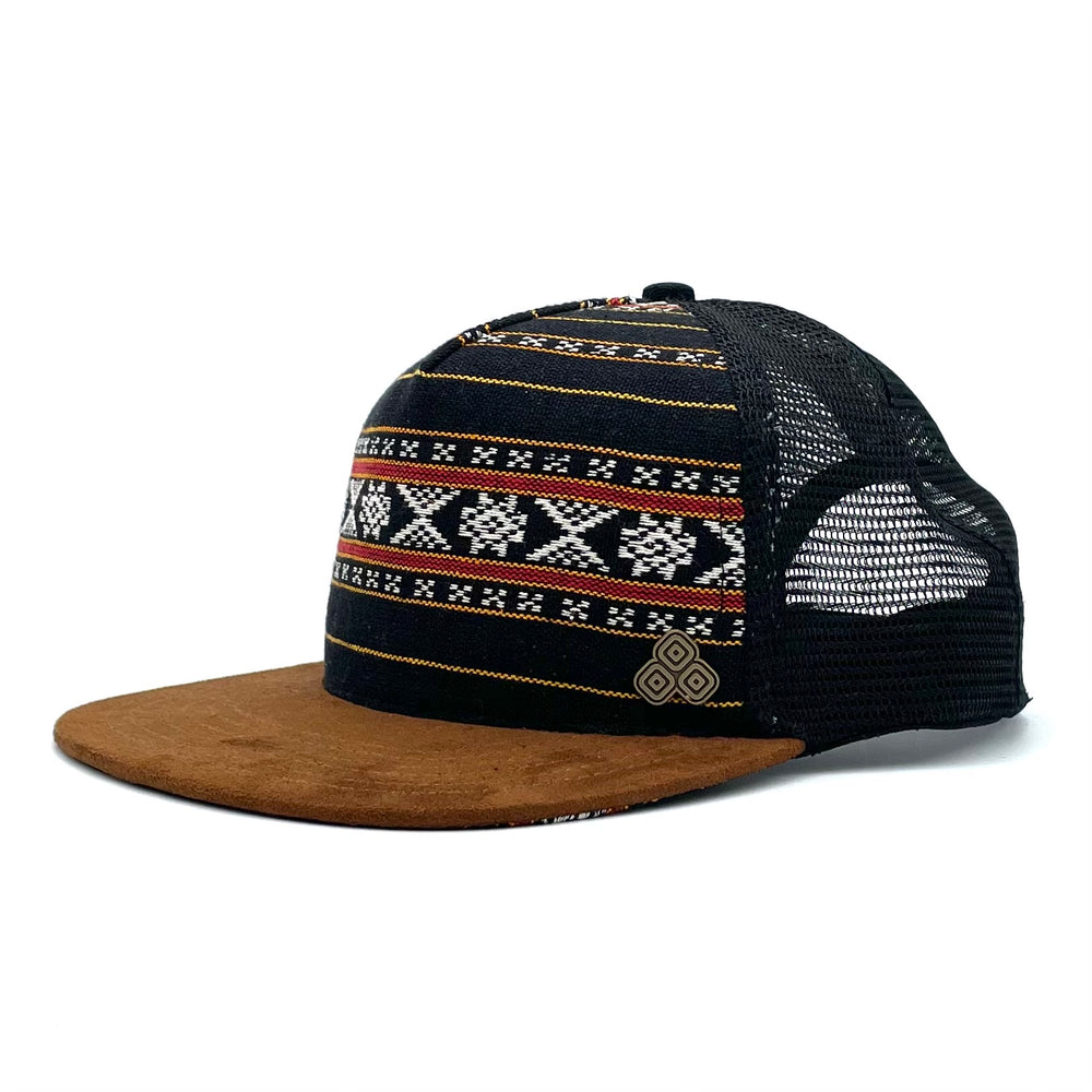 
                
                    Load image into Gallery viewer, Five-panel low-profile Zuma Aztec unisex trucking hat. Hand loomed Indian cotton fabric and faux suede. 
                
            