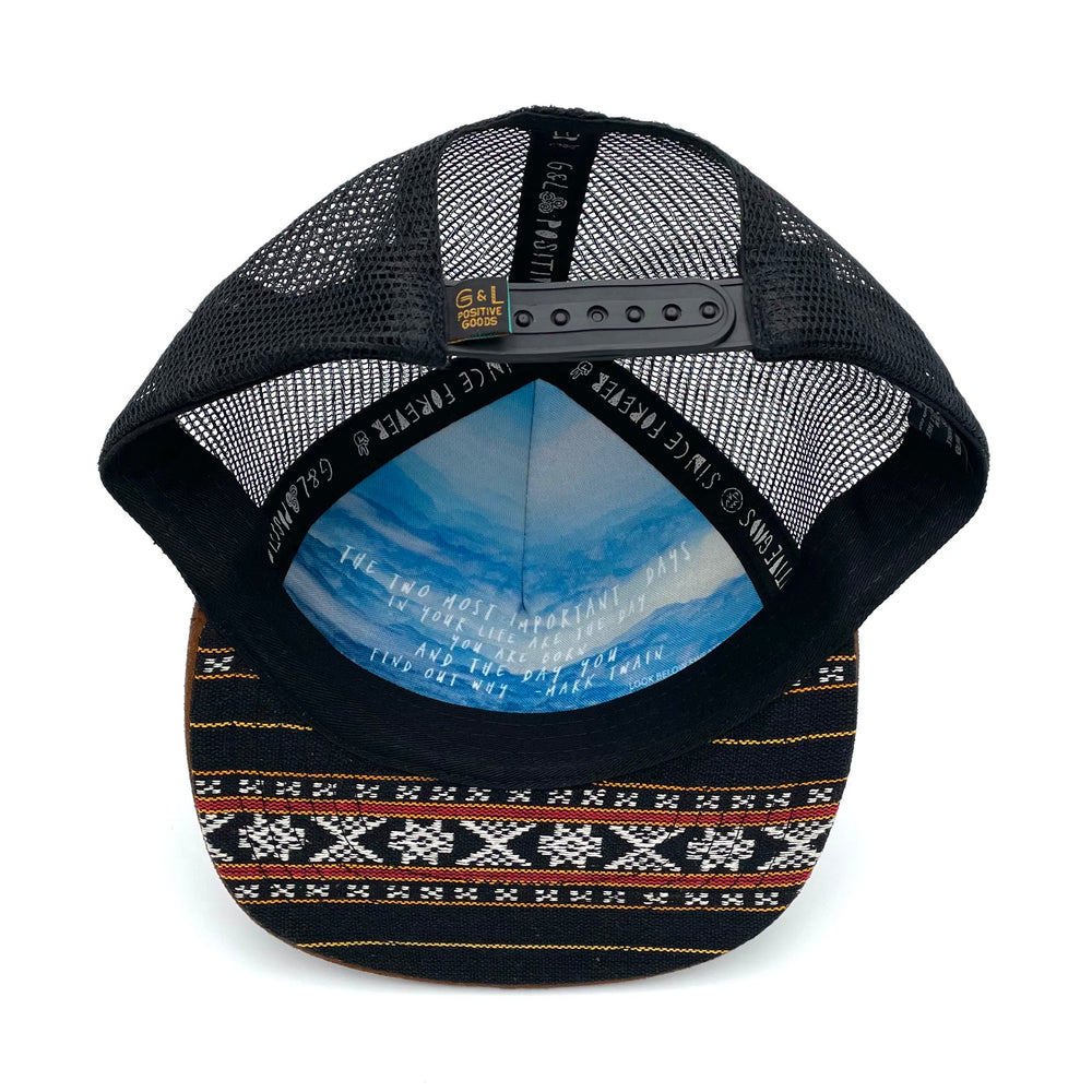 
                
                    Load image into Gallery viewer, Five-panel low-profile Zuma Aztec unisex trucking hat. Hand loomed Indian cotton fabric and faux suede. 
                
            