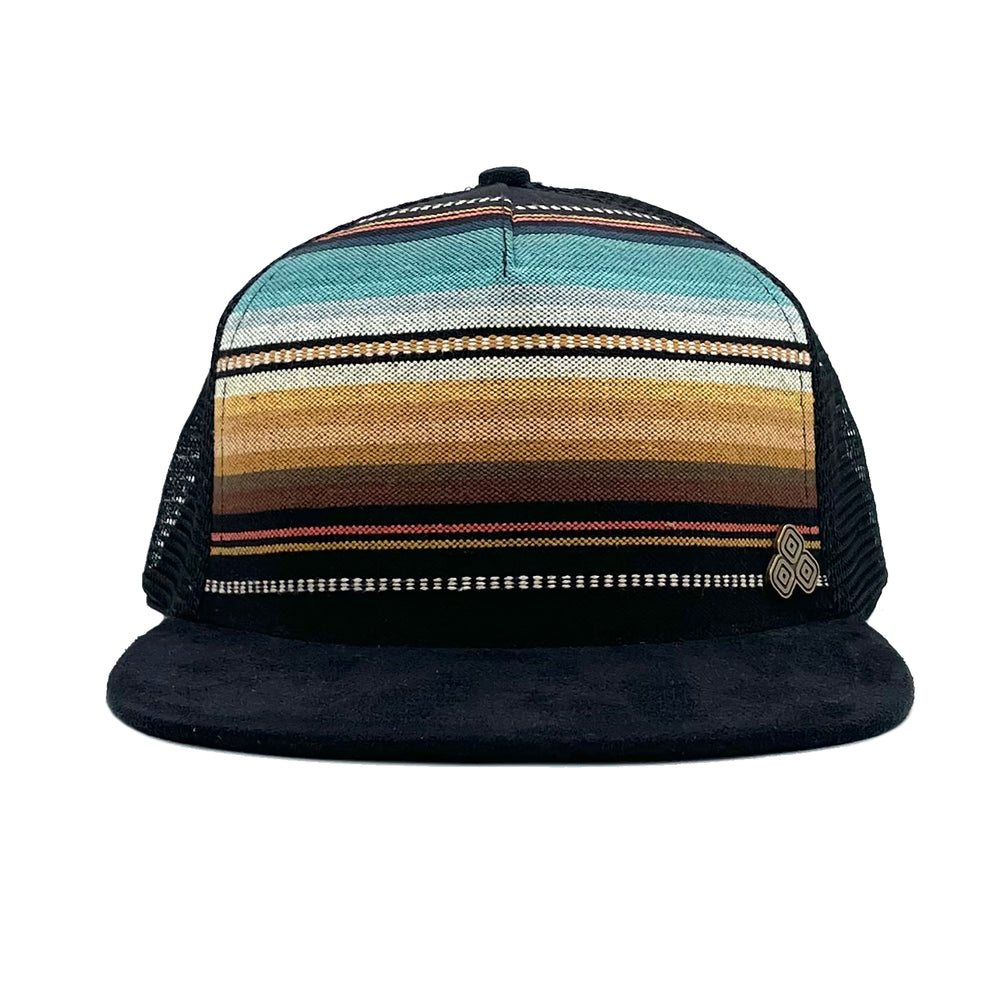 Five-panel low-profile Zuma Aztec unisex trucking hat. Hand loomed Indian cotton fabric and faux suede. *desert